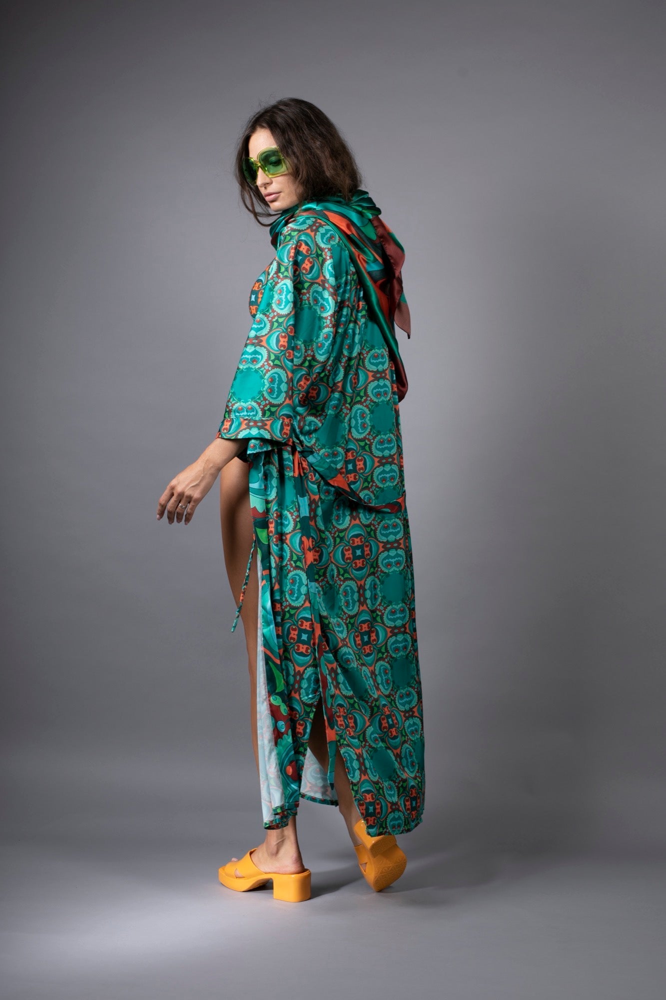 PSILOCYBIN FLORAL TEAL ORANGE LONG SATIN KIMONO