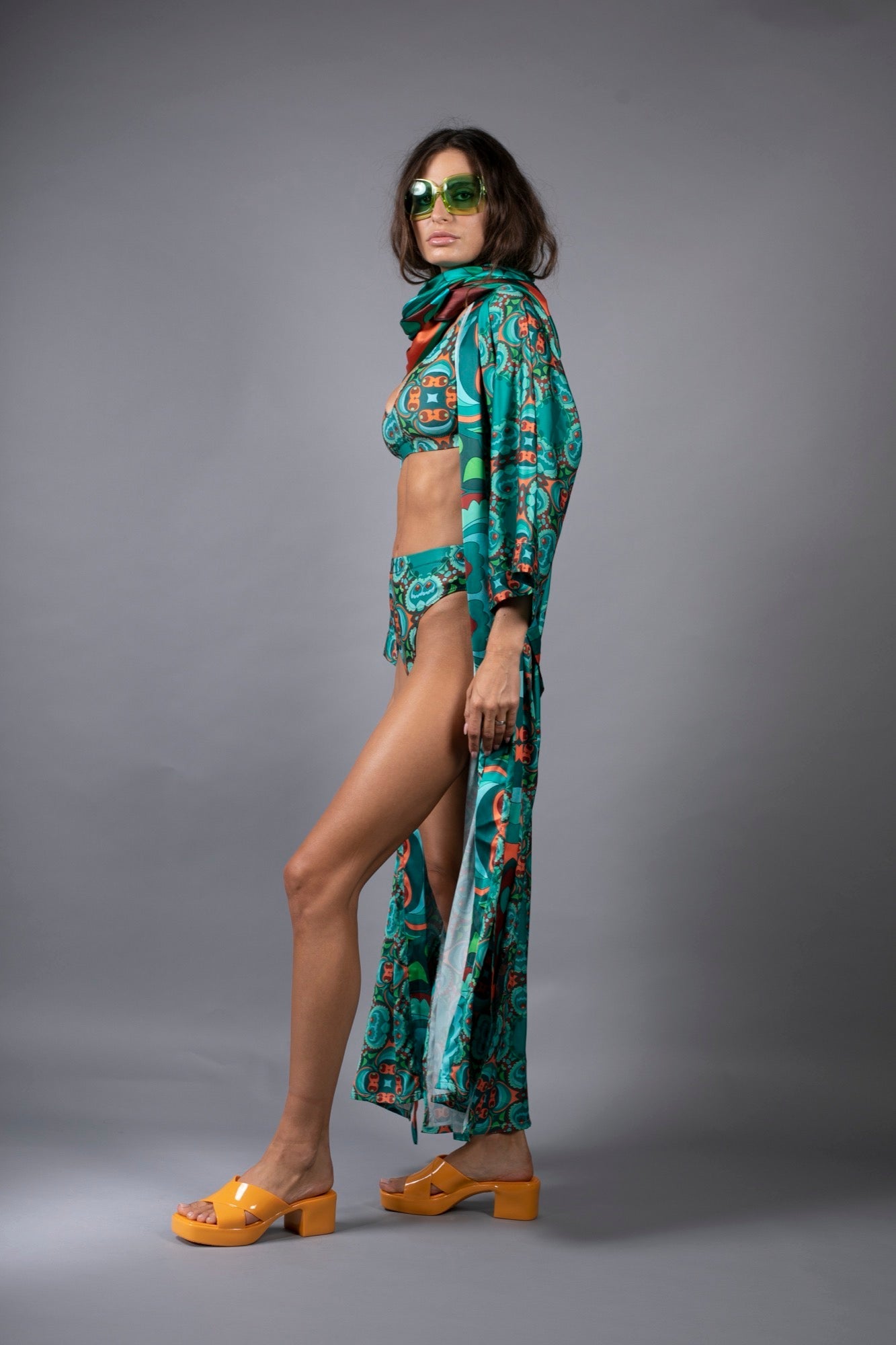 PSILOCYBIN FLORAL TEAL ORANGE LONG SATIN KIMONO