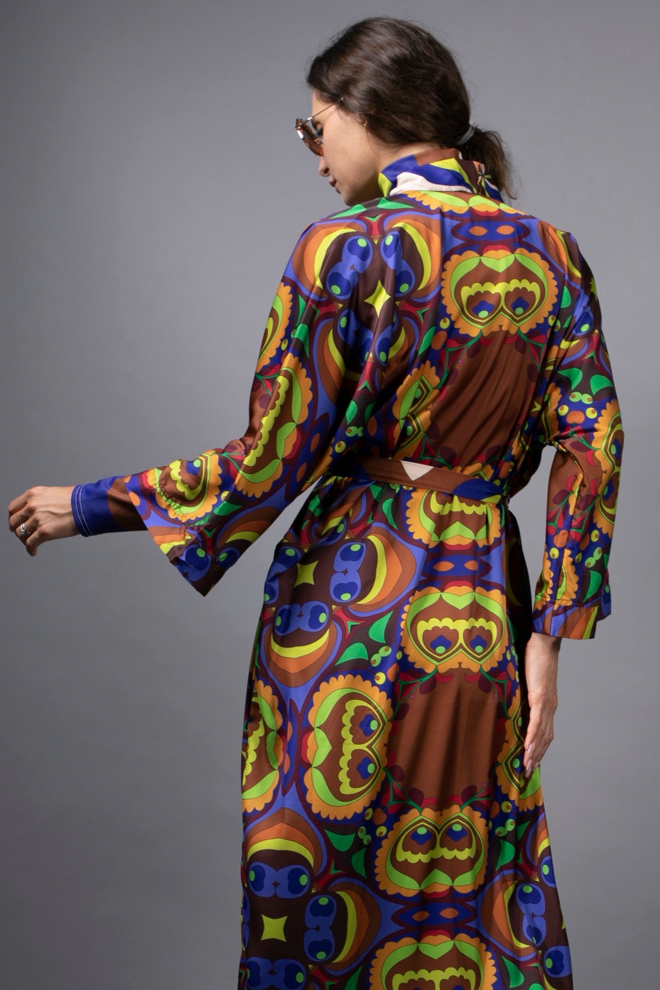 PSILOCYBIN BROWN/ BLUE-LONG SATIN KIMONO