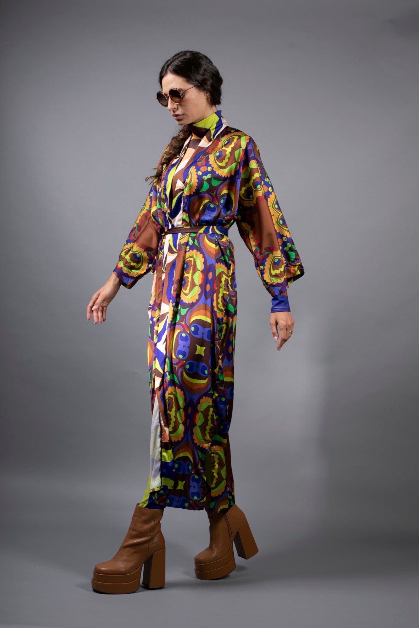 PSILOCYBIN BROWN/ BLUE-LONG SATIN KIMONO