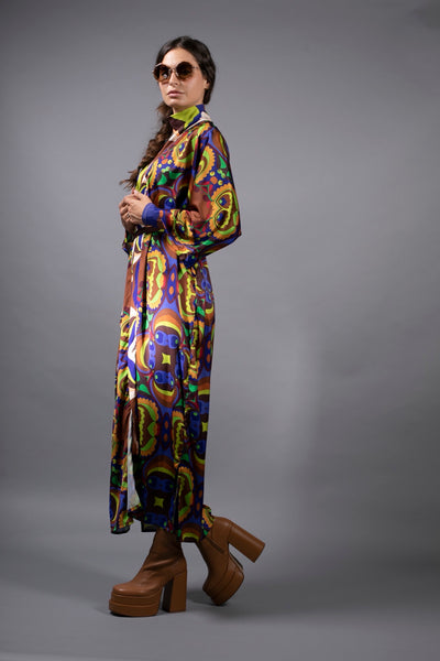 PSILOCYBIN BROWN/ BLUE-LONG SATIN KIMONO