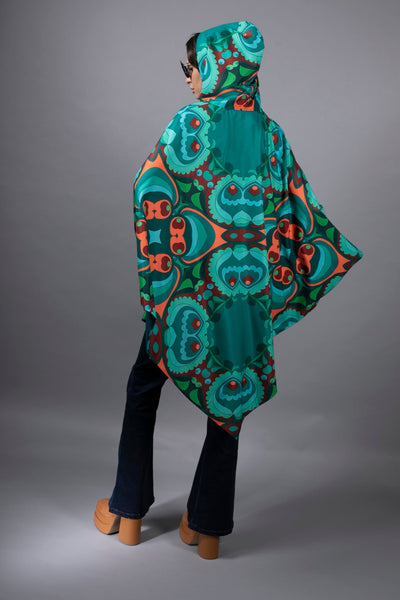 TEAL-ORANGE HOODED CAPE