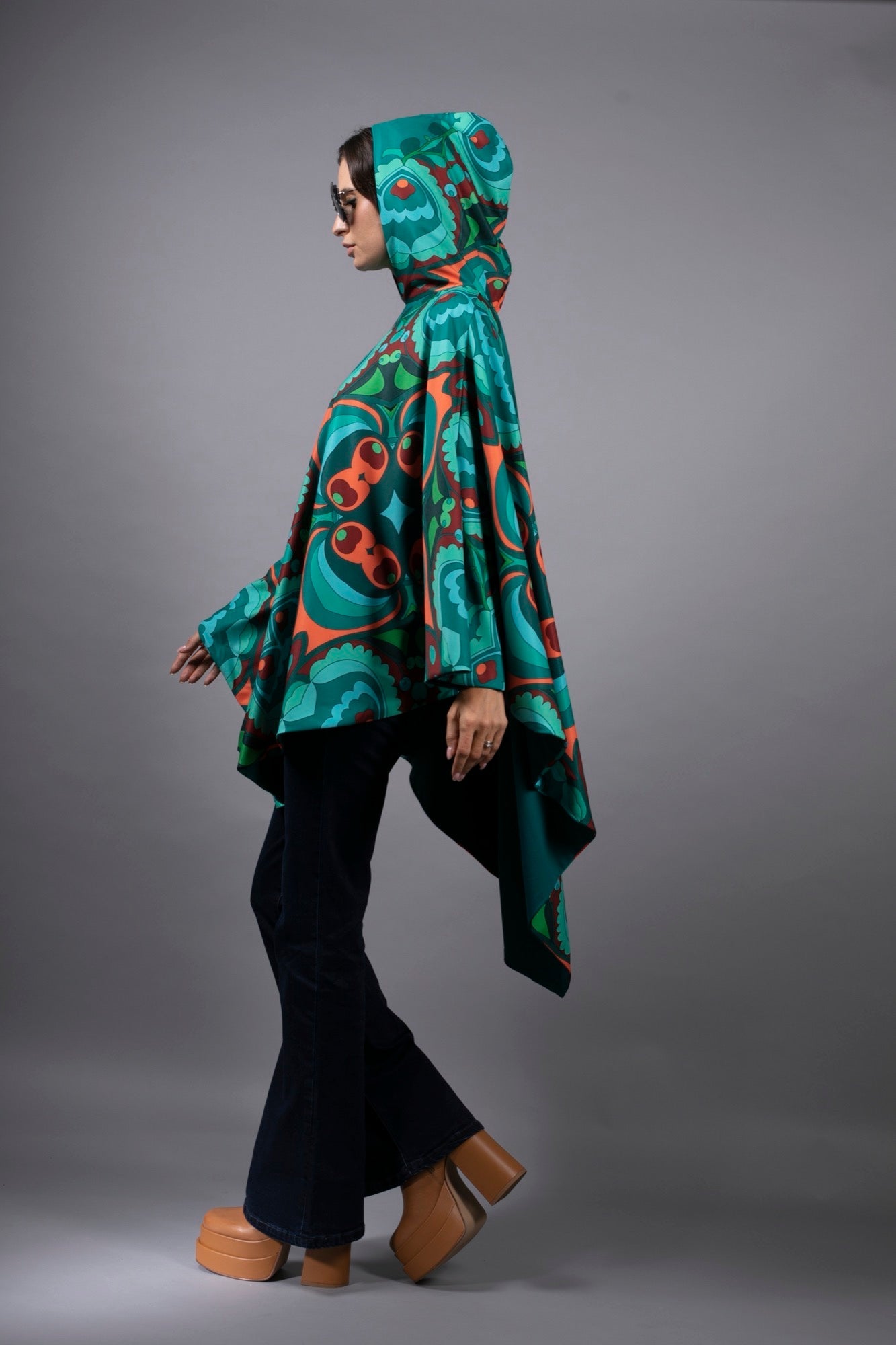 TEAL-ORANGE HOODED CAPE