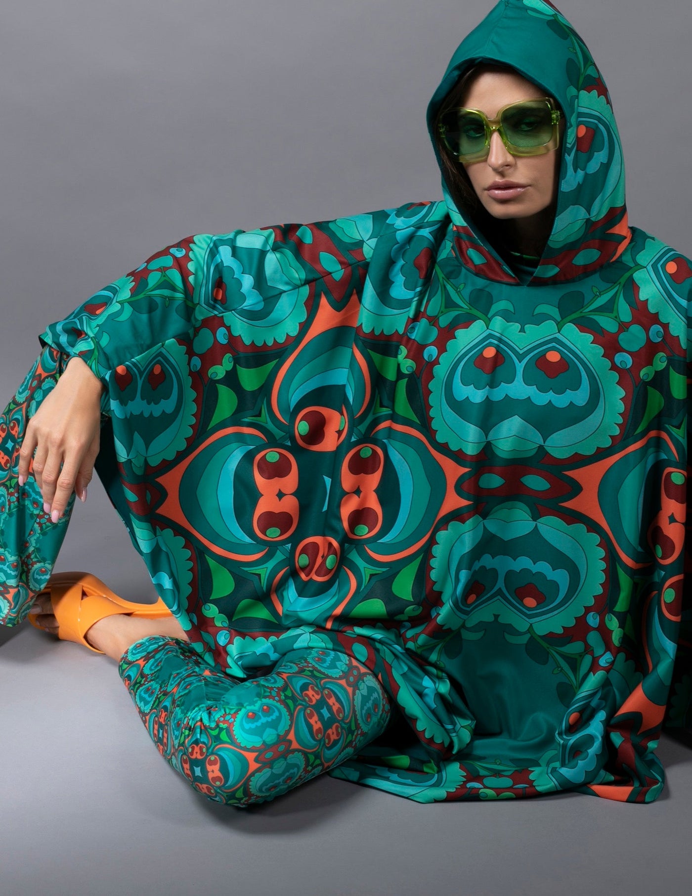 TEAL-ORANGE HOODED CAPE