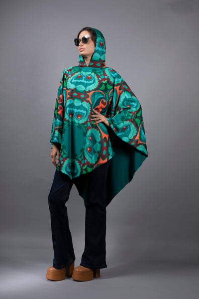 TEAL-ORANGE HOODED CAPE