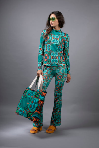 PSILOCYBIN TEAL/ORANGE FLARE TROUSERS