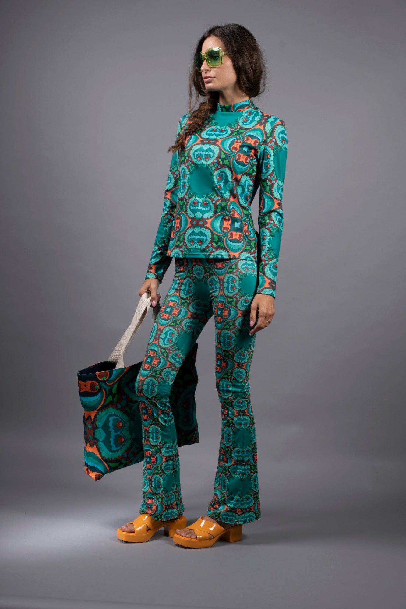 PSILOCYBIN TEAL/ORANGE FLARE TROUSERS